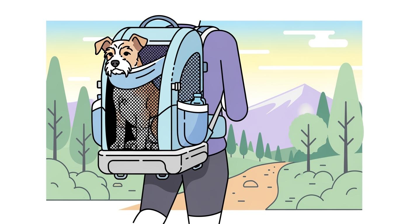 Small dog resting in a backpack carrier during a hike