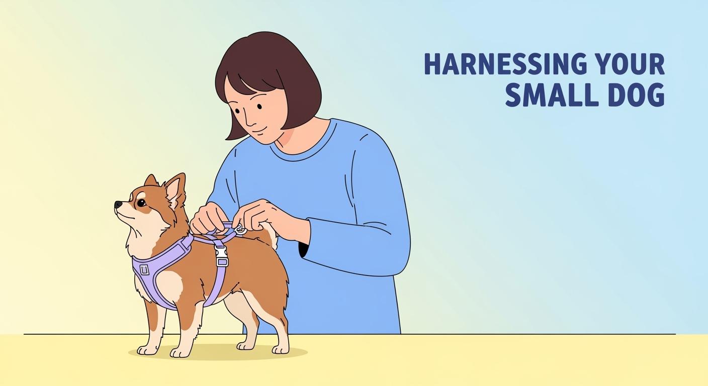 Small dog wearing a harness outdoors