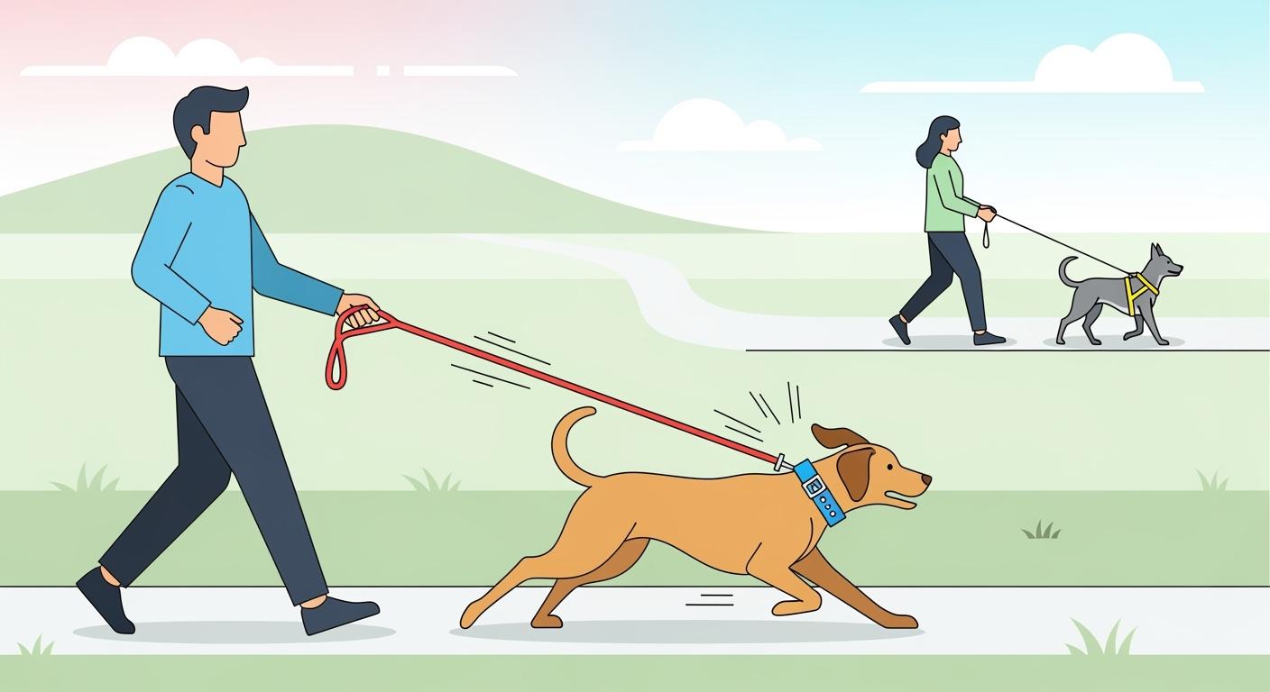 Dog walking calmly on a loose leash with a flat collar and standard leash setup