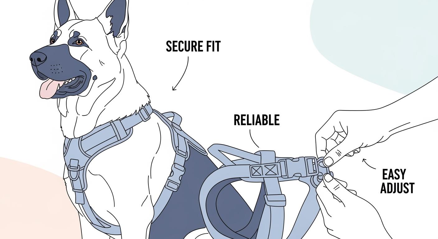 Heavy duty dog harness fitted on a large dog for an outdoor walk