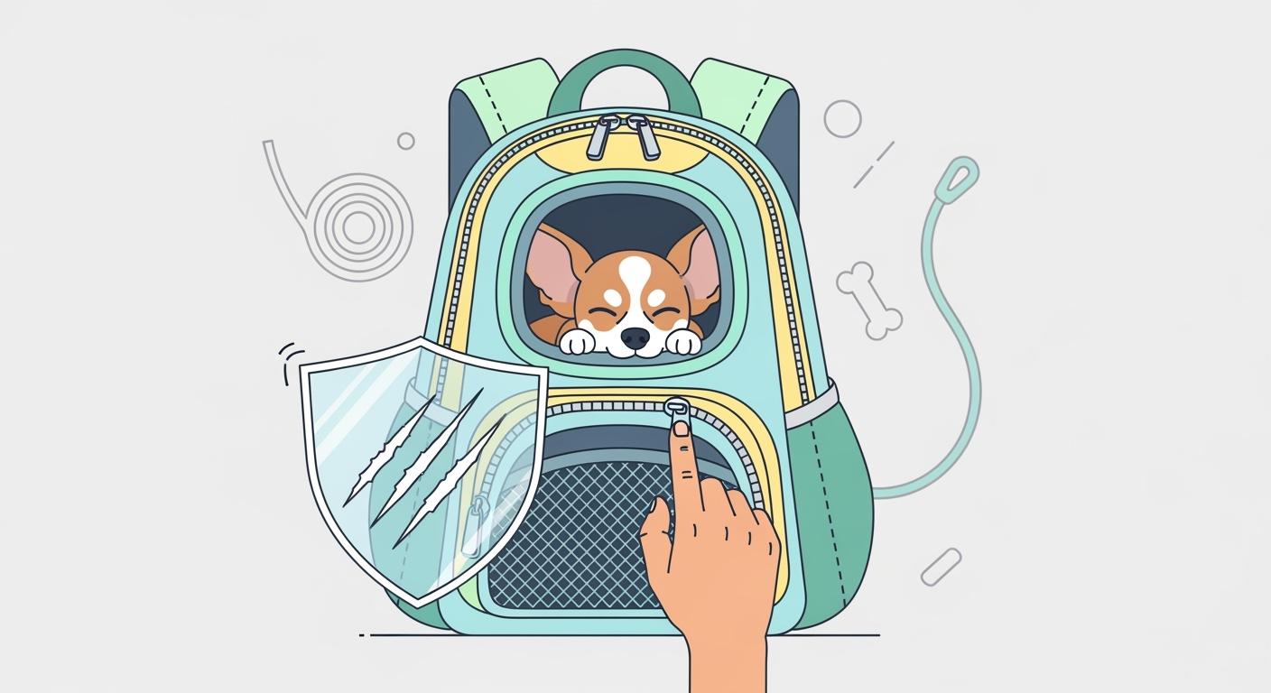 Dog inside a pet carrier backpack pushing against mesh panel