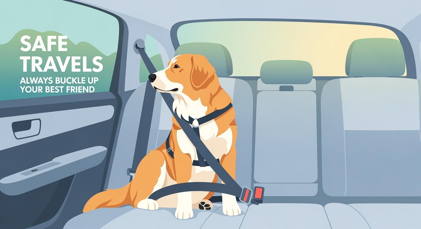 Large dog wearing a car harness in a back seat