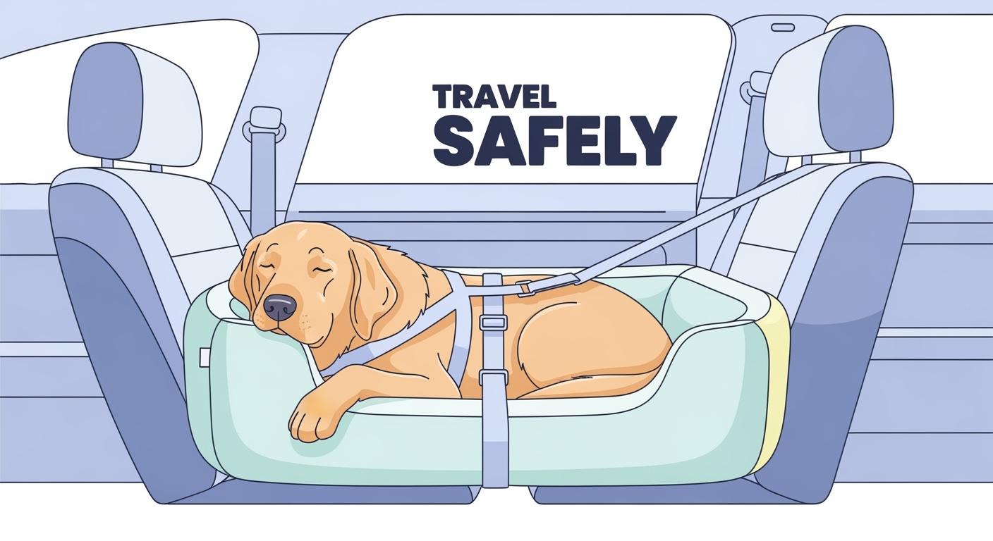 Large dog resting on a car seat bed during a road trip