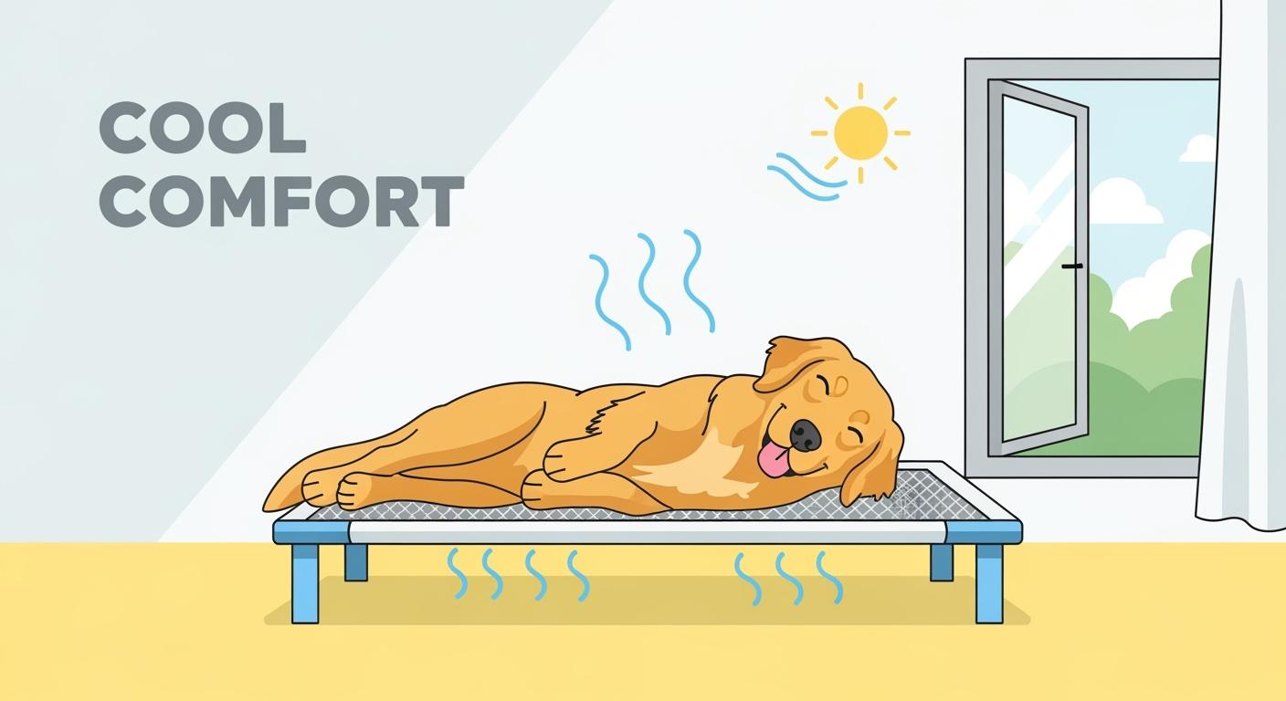 Elevated dog bed with breathable mesh surface on outdoor decking
