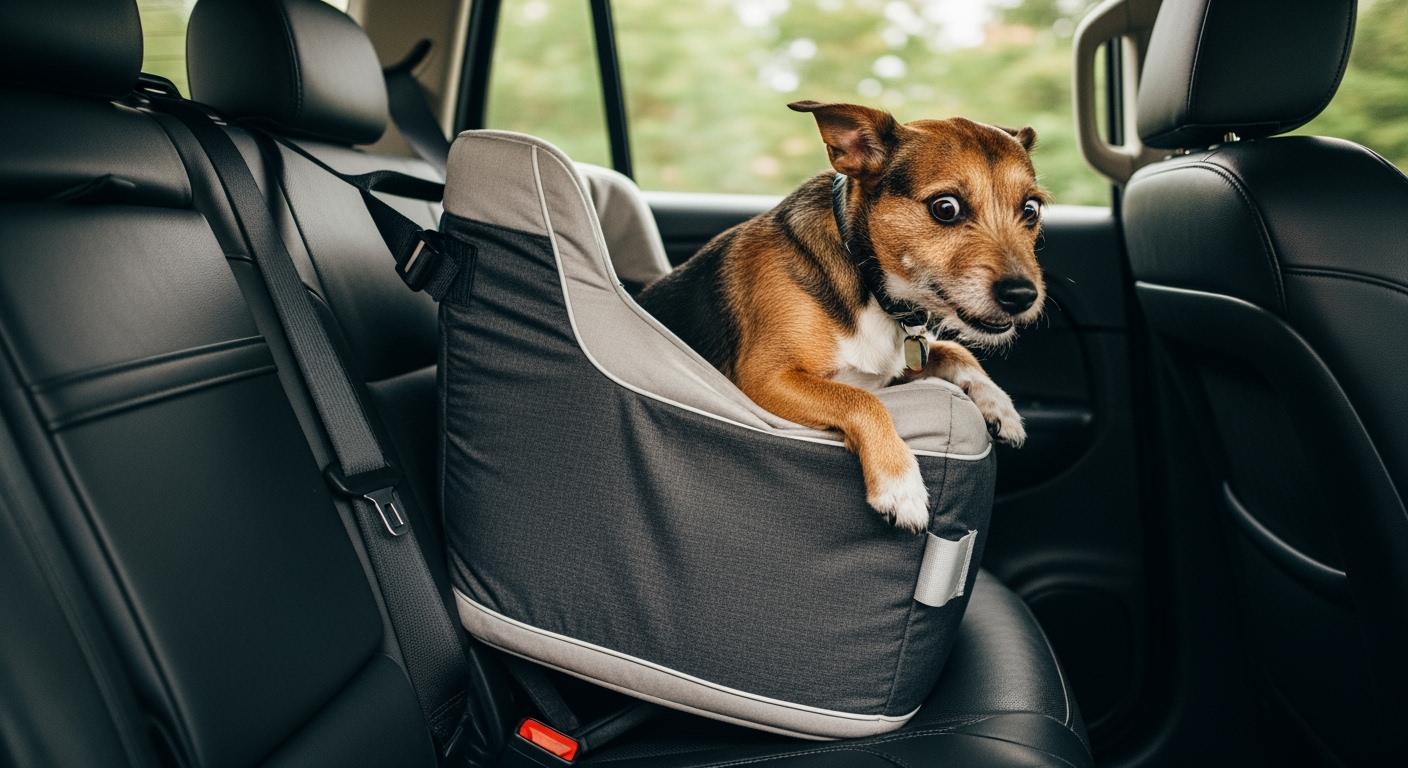 Small dog sitting in car booster seat