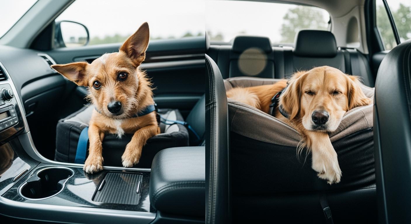Dog sitting in a back seat booster car seat during a drive