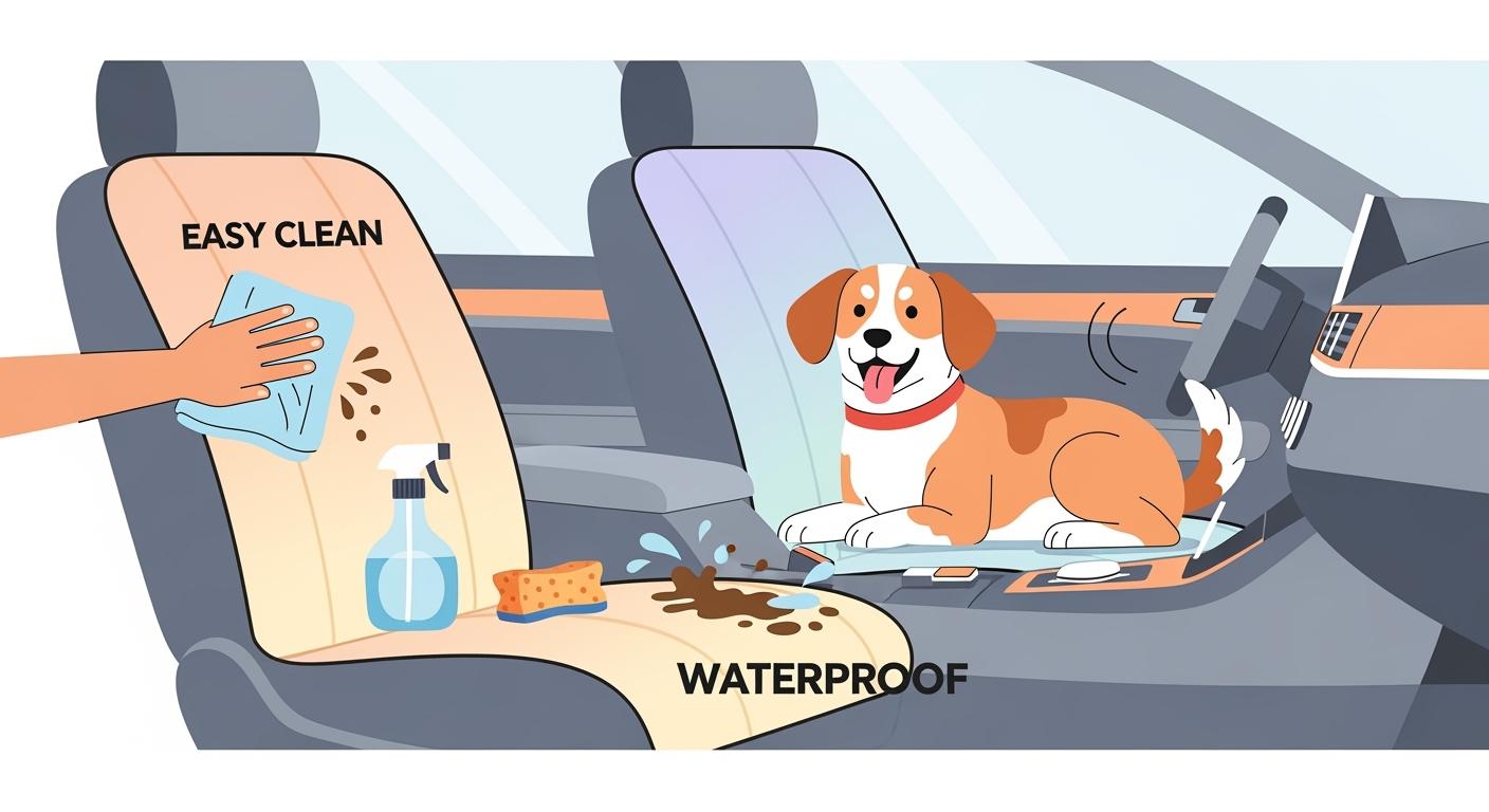 dog resting on a rear seat cover in a car