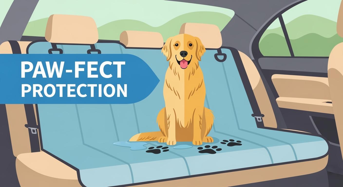 Dog on waterproof rear car seat cover during a drive