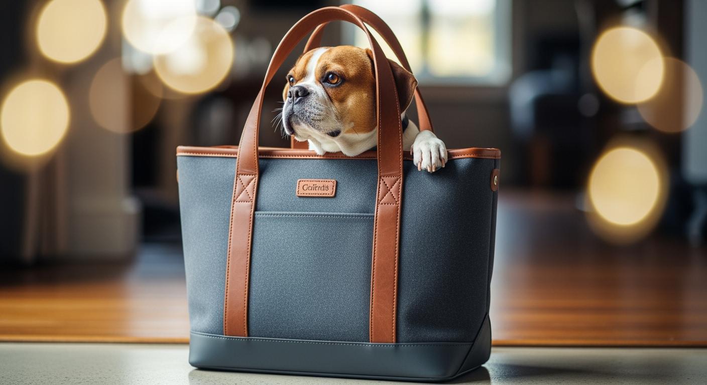 Small dog peeking out of a structured tote carrier