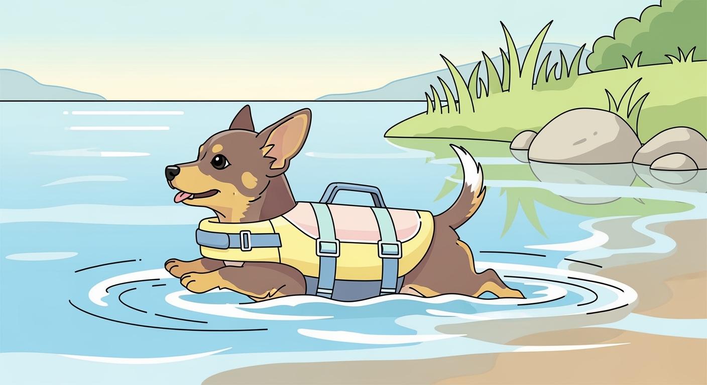 Small dog wearing a low-bulk life jacket with open shoulder cutouts