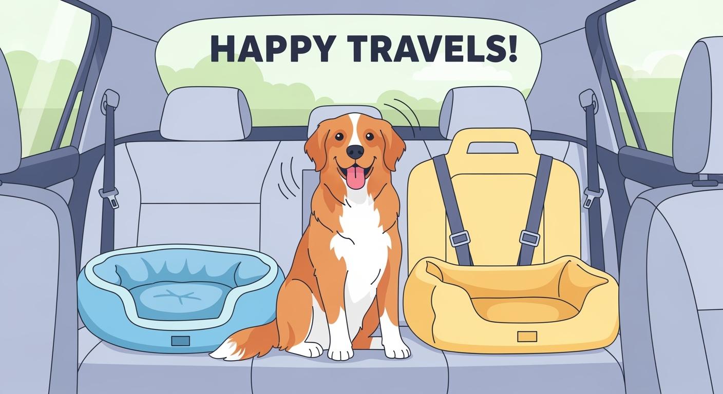 Dog resting on a car-specific dog bed secured on a rear seat during travel