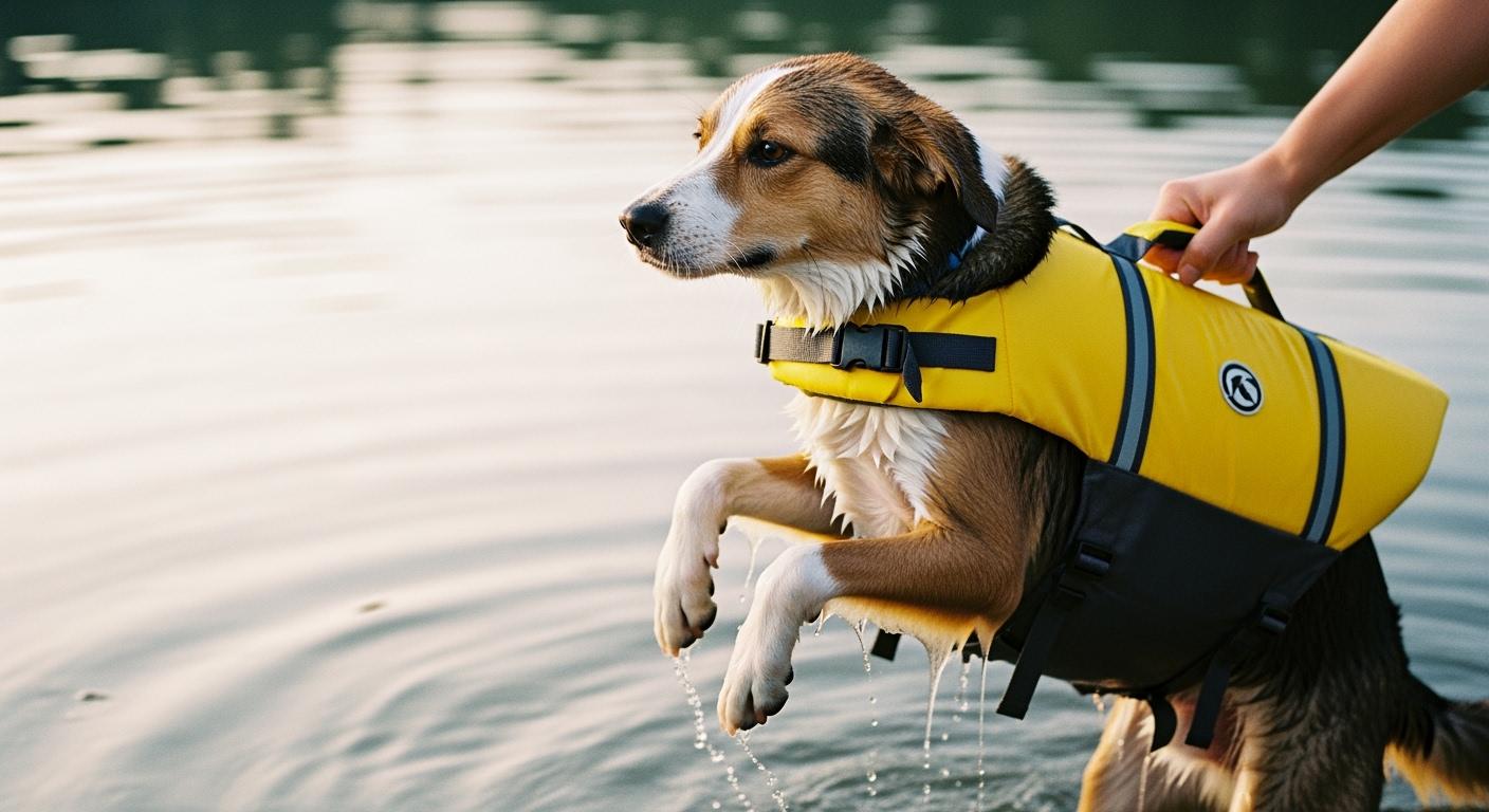 Dog wearing life jacket with handle visible on back