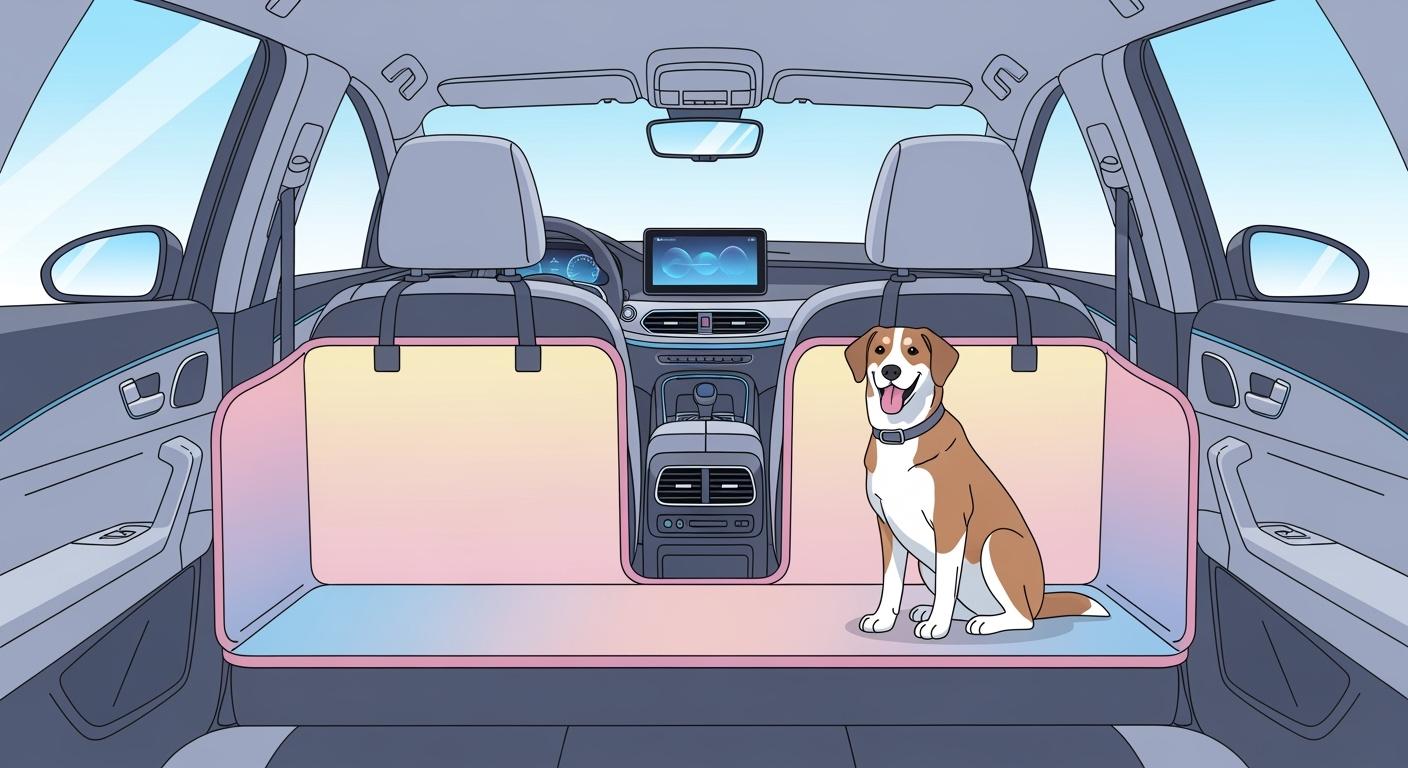 Dog seated in car back seat with protective mat