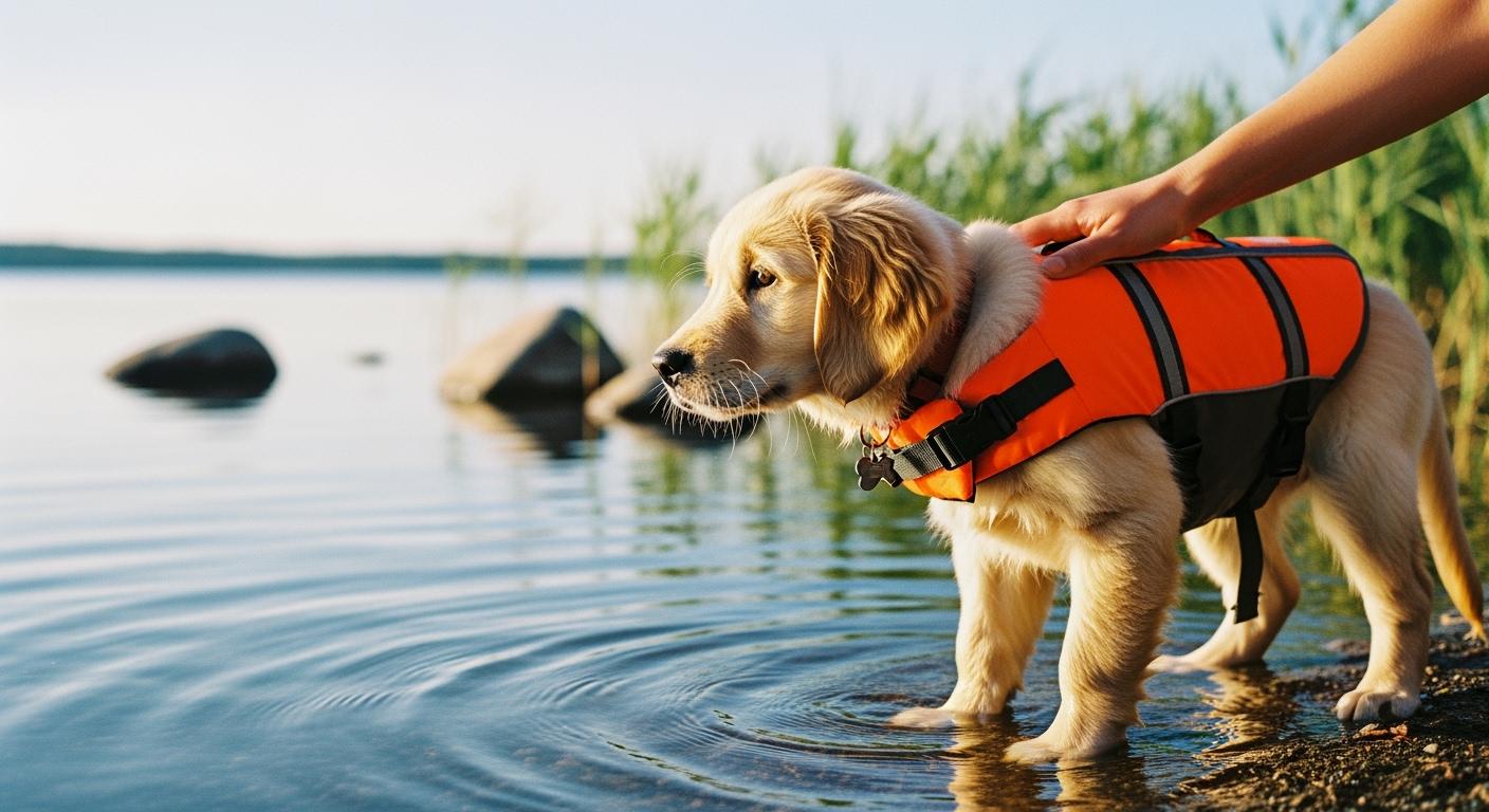 Dog wearing a life jacket standing at the water's edge