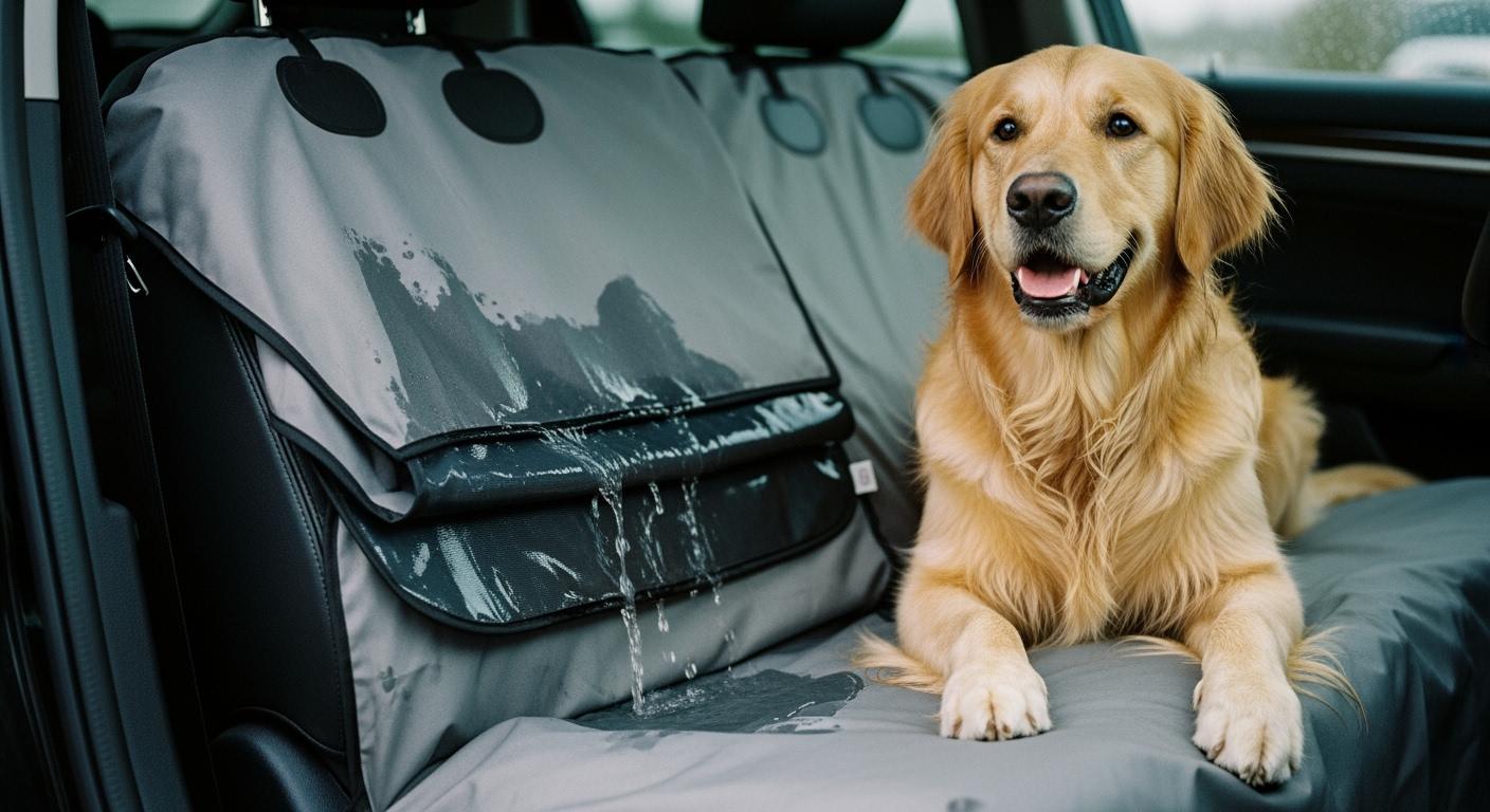 Dog car seat cover with fold creases visible across the backing layer