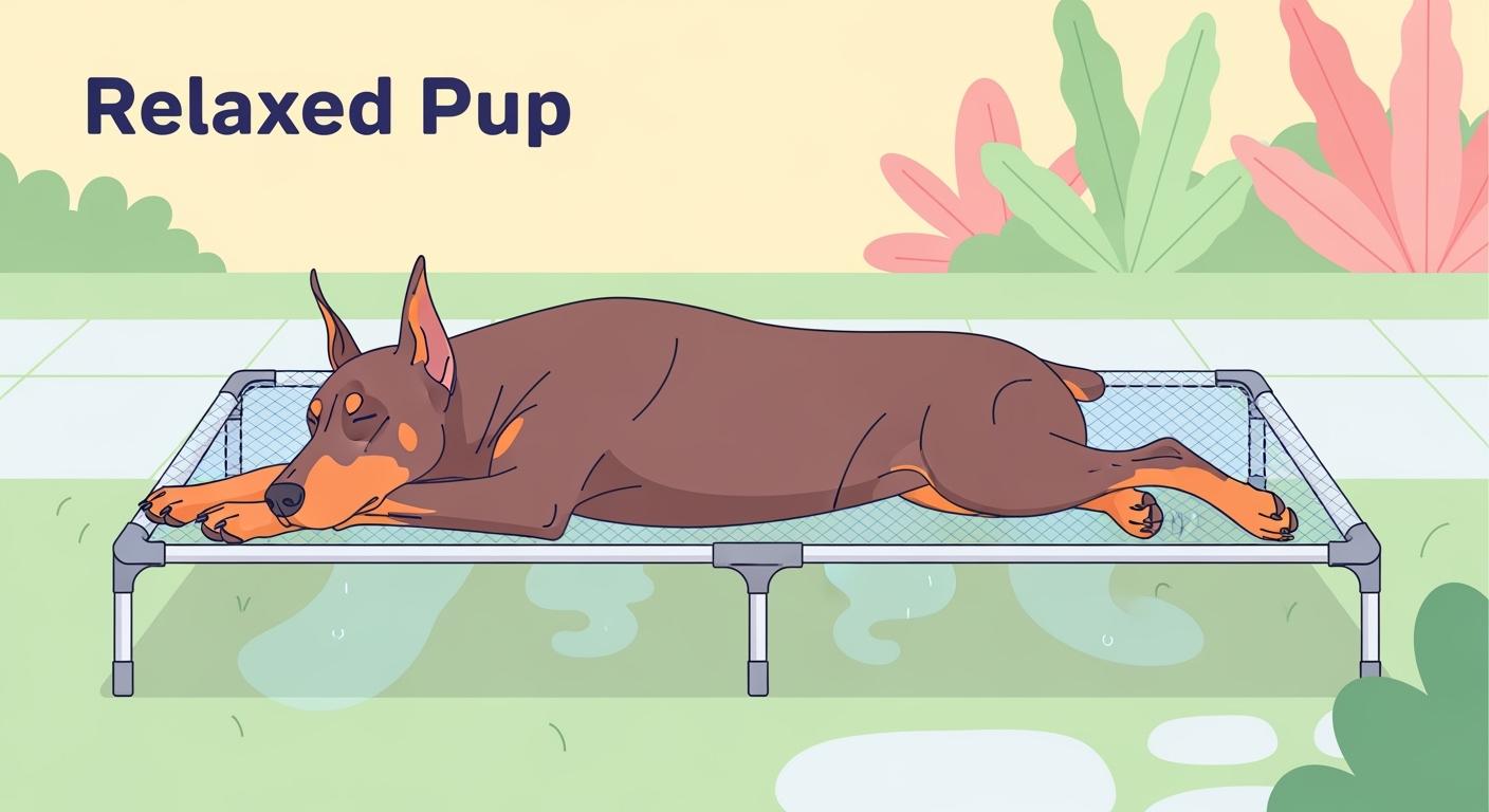 Doberman resting on elevated mesh cot outdoors