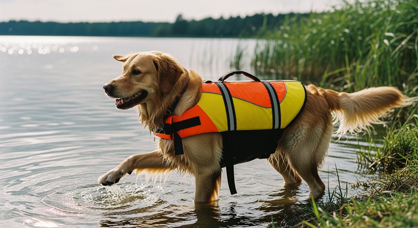 Dog swimming in lake wearing bright orange life jacket with high visibility panels