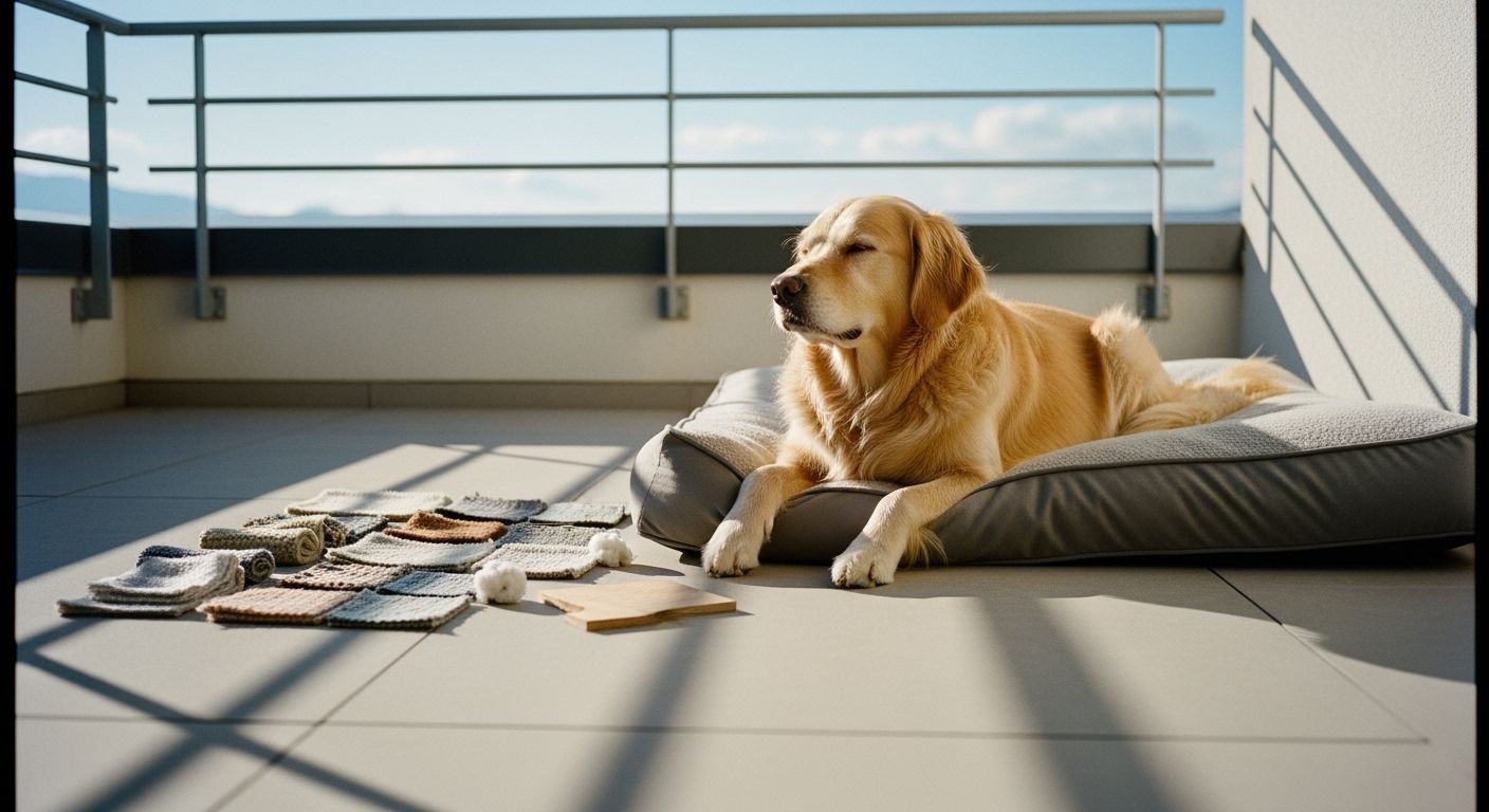 Dog resting on an outdoor bed on a sunlit balcony