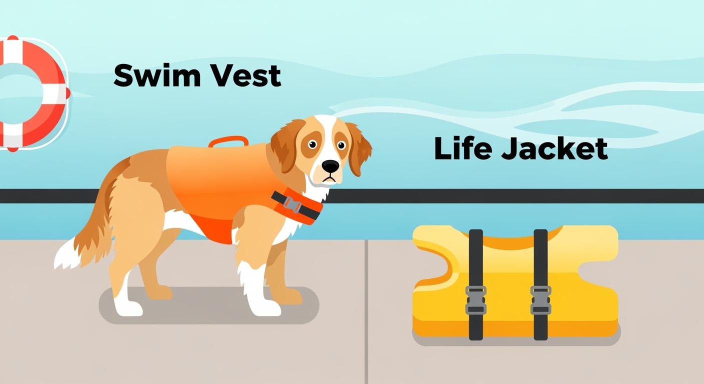 Dog wearing a flotation device in water