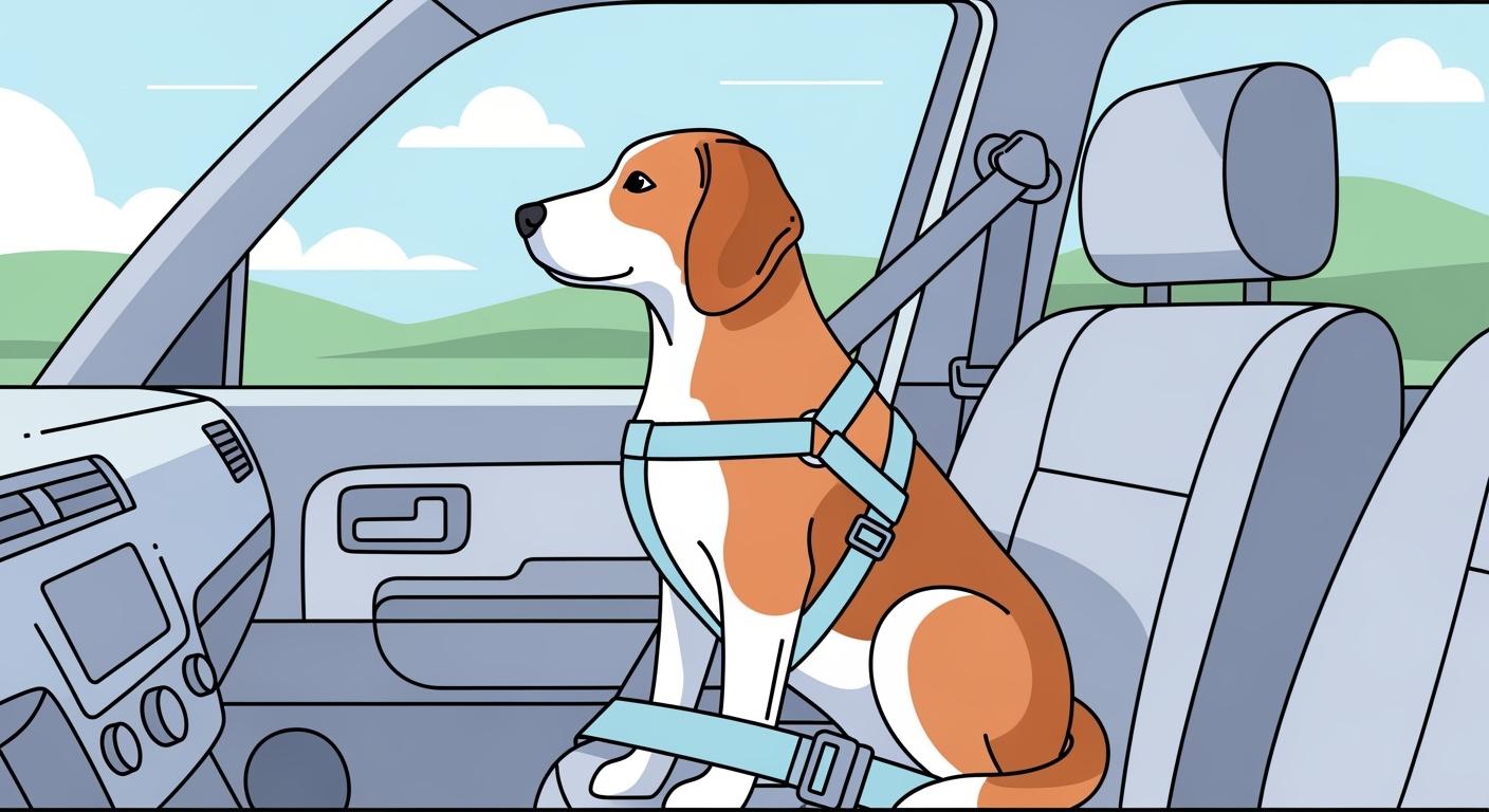 Dog secured on a back seat with a car harness