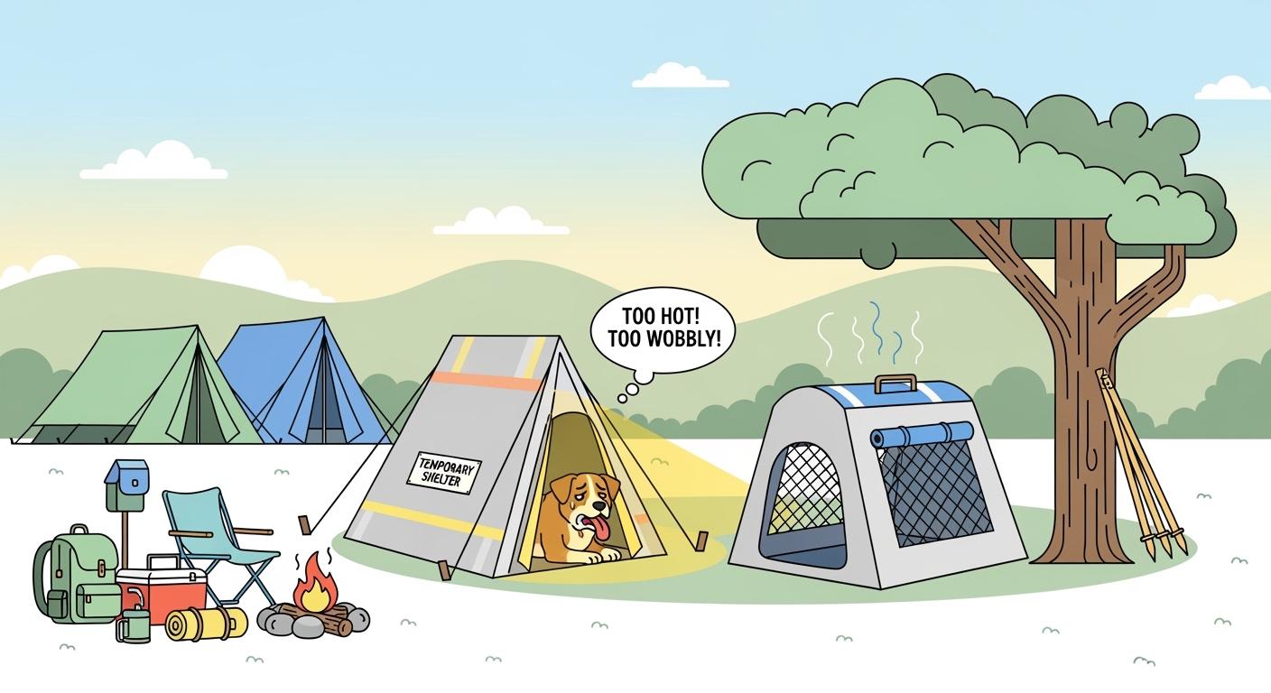 Portable dog shelter set up on campsite grass