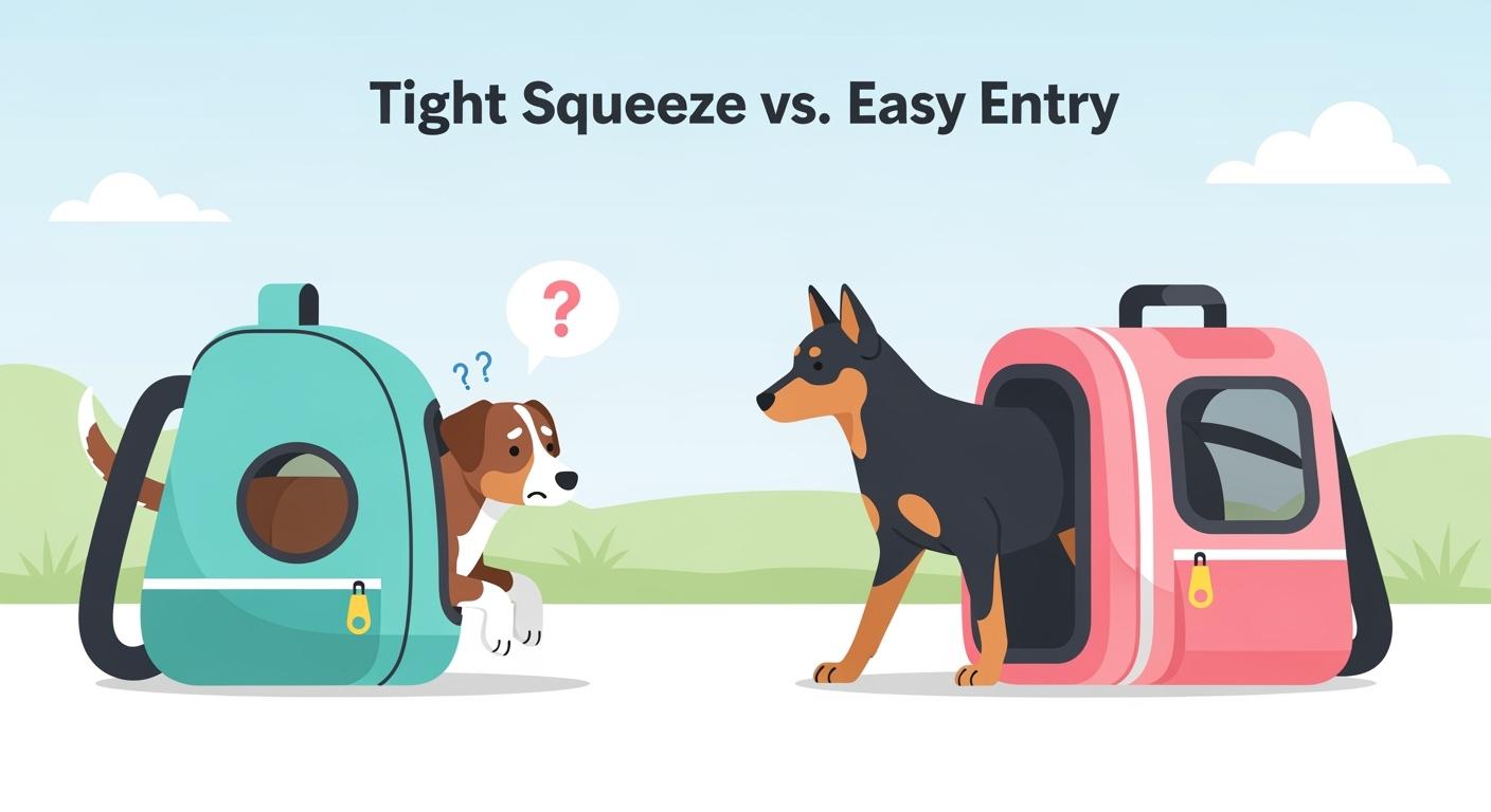 Dog looking at pet carrier backpack opening