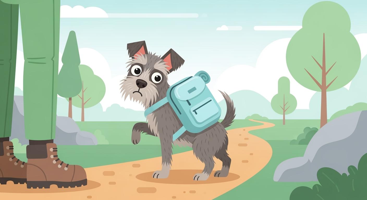 Dog wearing a hiking backpack on a trail