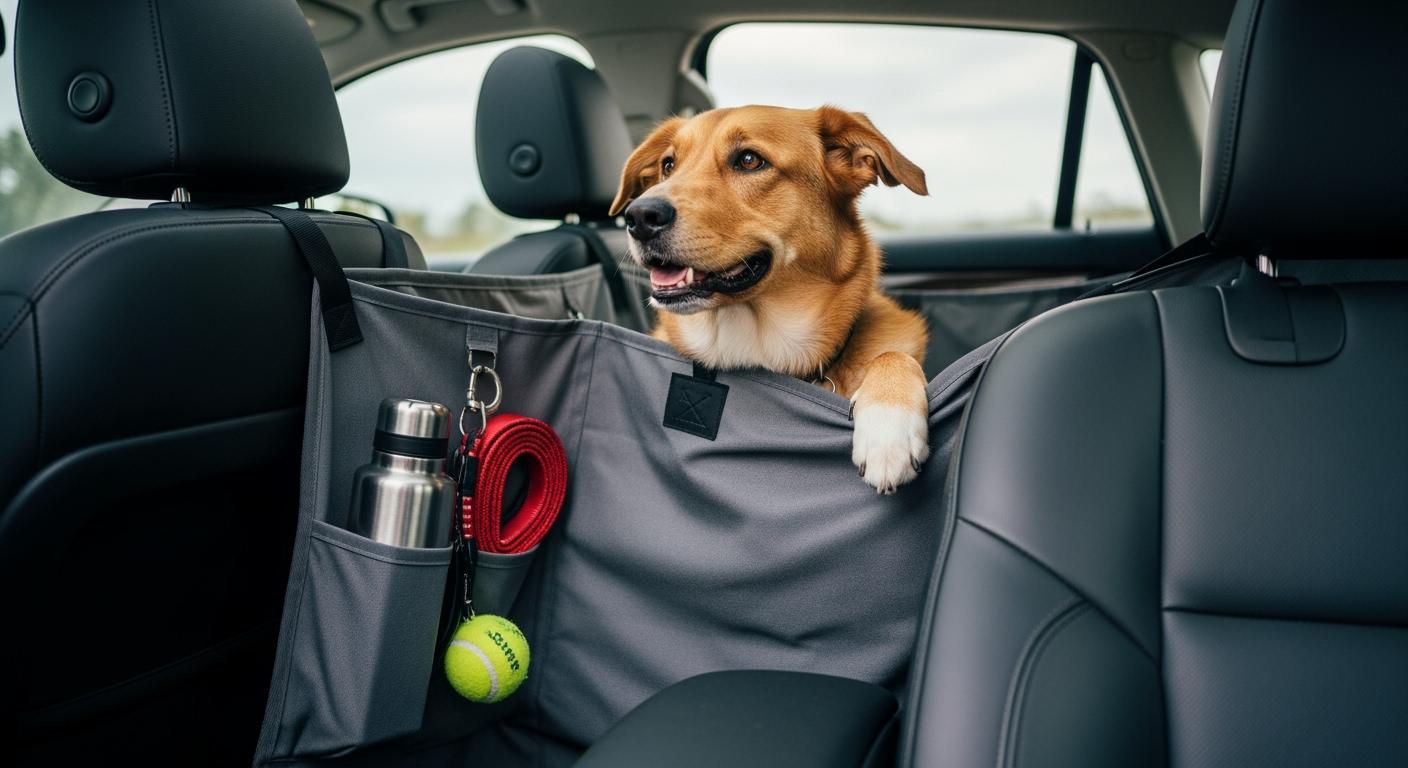 Dog car hammock with storage pocket installed across back seat