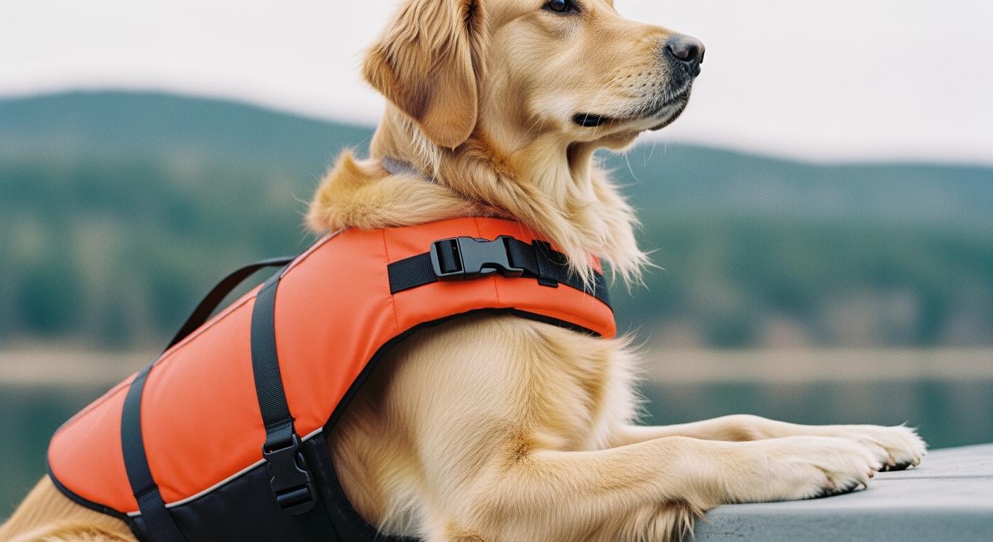 Dog wearing a life jacket while swimming