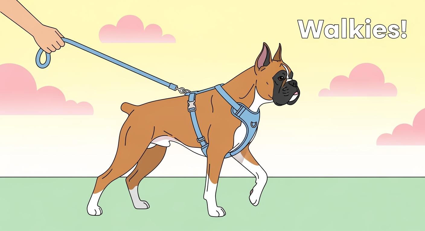 Boxer wearing a secure walking harness outdoors