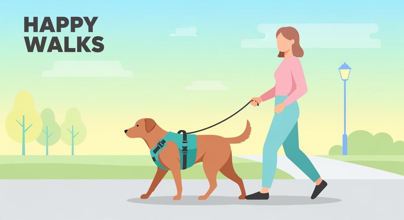 A dog wearing a body harness with extra chest coverage walking on a leash