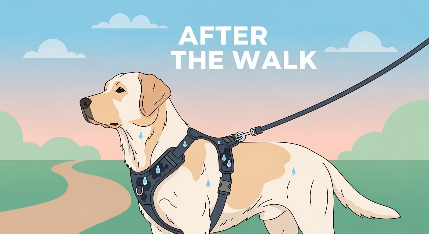 Large breed dog wearing a quick dry harness outdoors