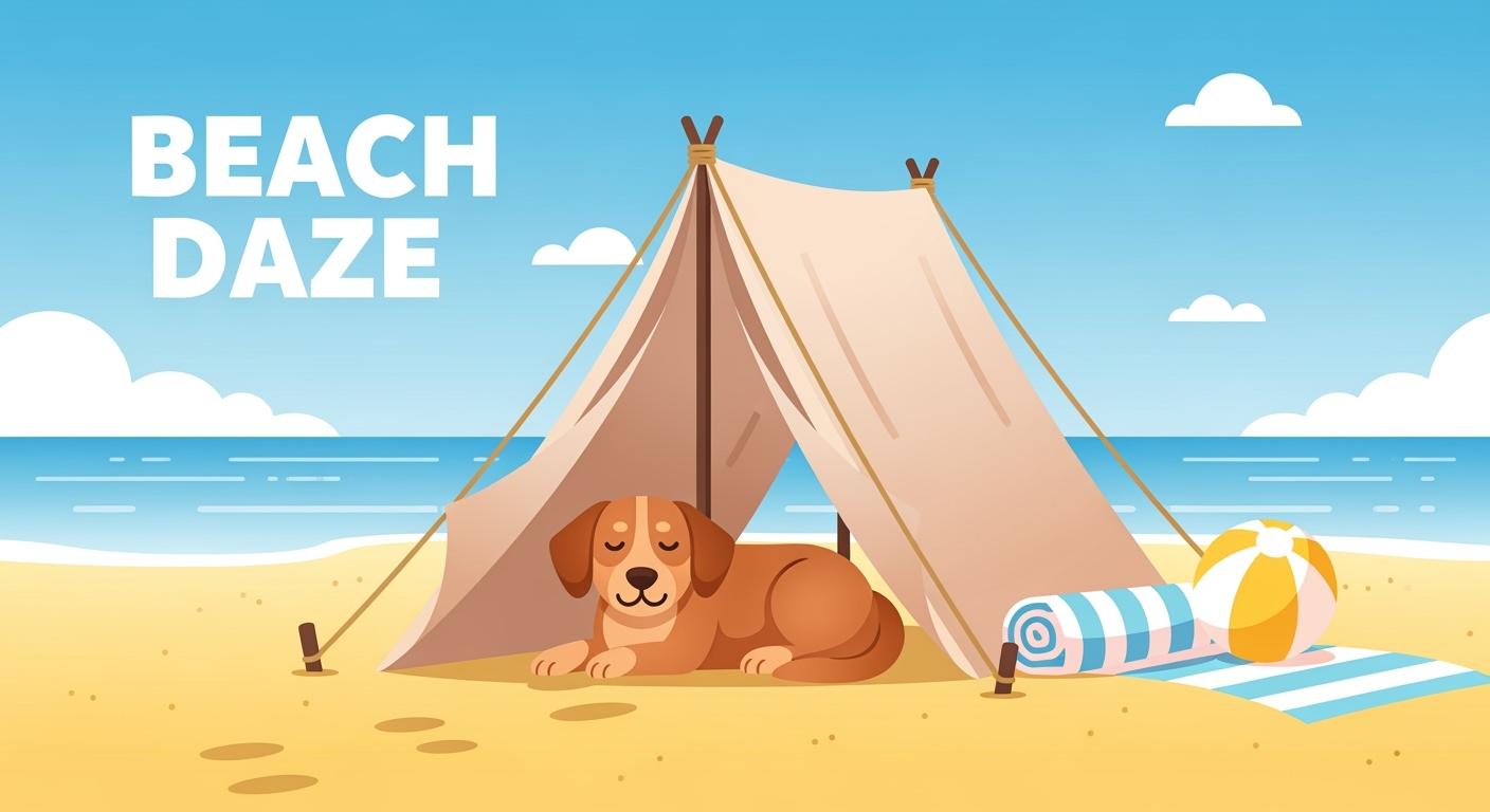 Dog tent set up on sandy beach with mesh ventilation panels visible