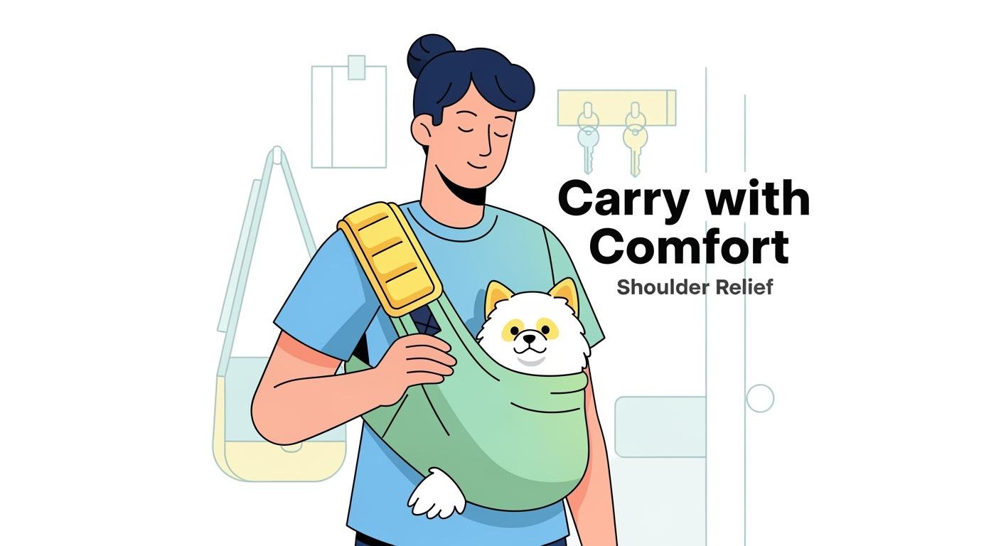 Small dog being carried in a sling carrier with padded shoulder strap