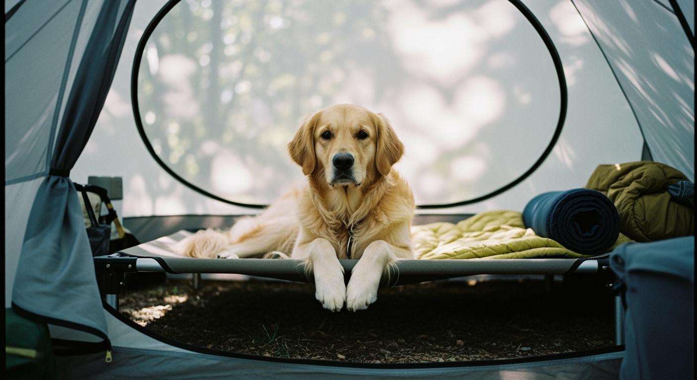 Dog resting on elevated camping bed inside tent vestibule