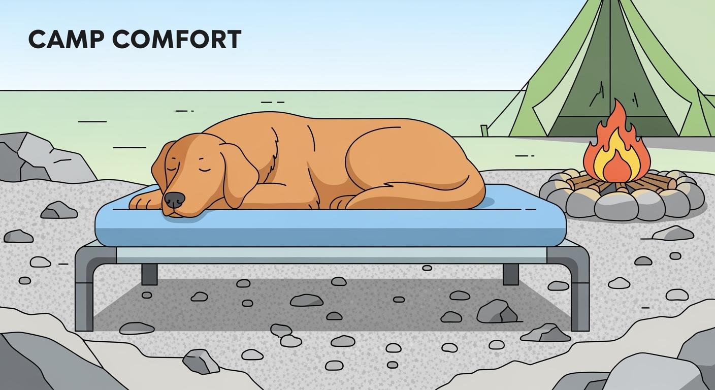 Dog bed on gravel campsite surface