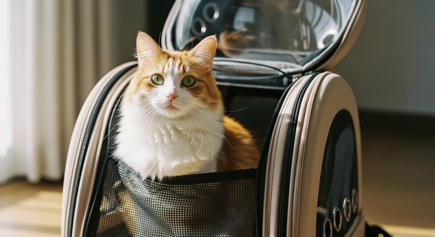 Dog in backpack carrier with mesh ventilation panels on sides