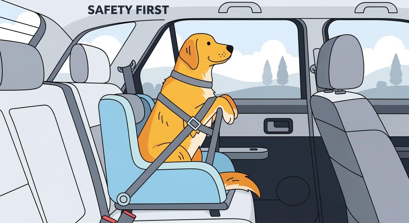 Medium dog sitting in a raised booster car seat on a rear vehicle seat