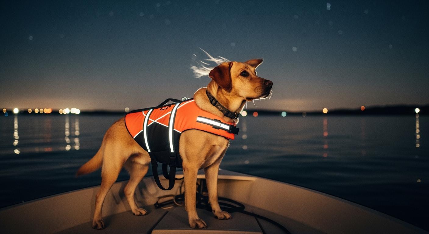 Dog wearing life jacket near water at dusk