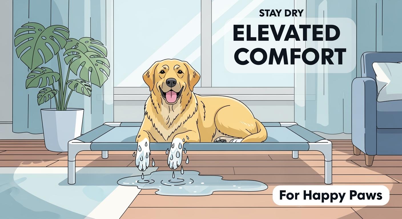 Large dog resting on an extra large elevated cot bed with open frame clearance below