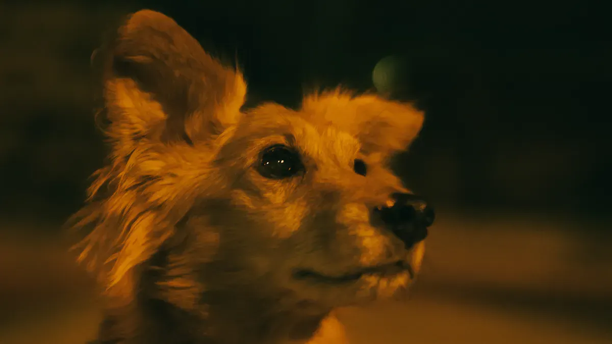 Dog wearing a light-up collar on an evening walk