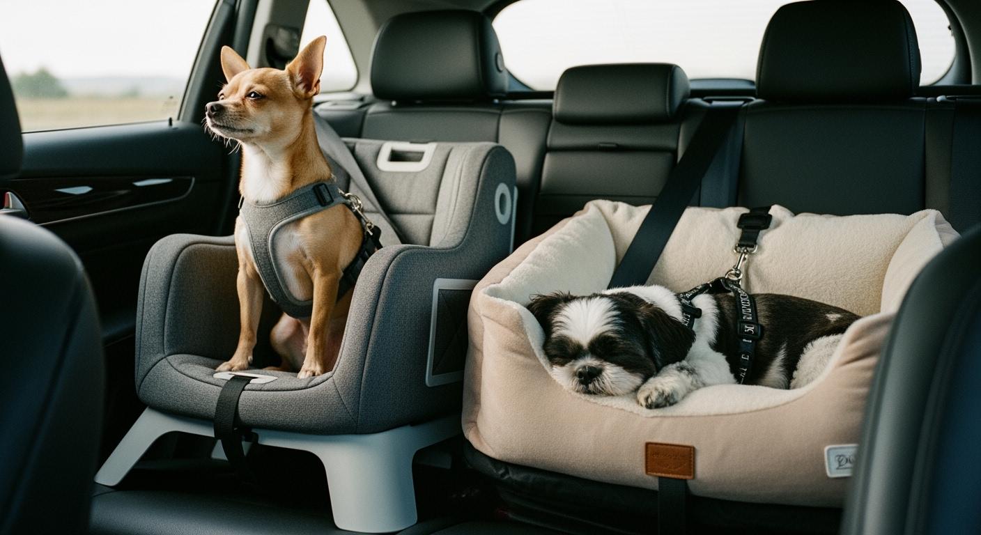 Small dog resting in a raised car seat with structured side walls