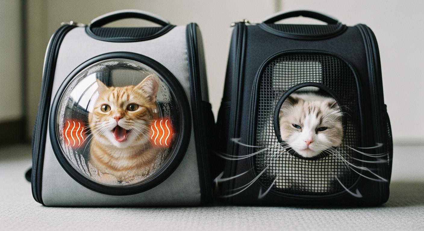 Cat in a mesh-ventilated backpack carrier with open side panels