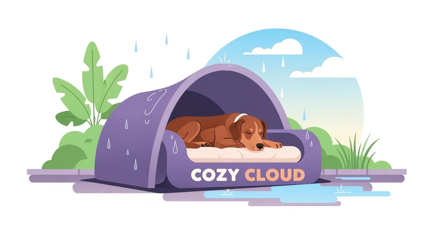 Elevated dog bed with open-sided shade canopy on outdoor patio