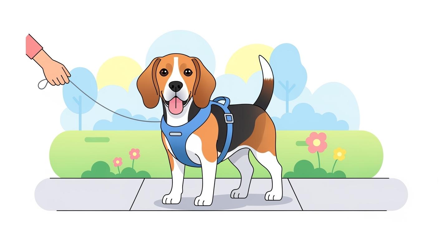 Beagle wearing a properly fitted dog harness on a leash walk outdoors
