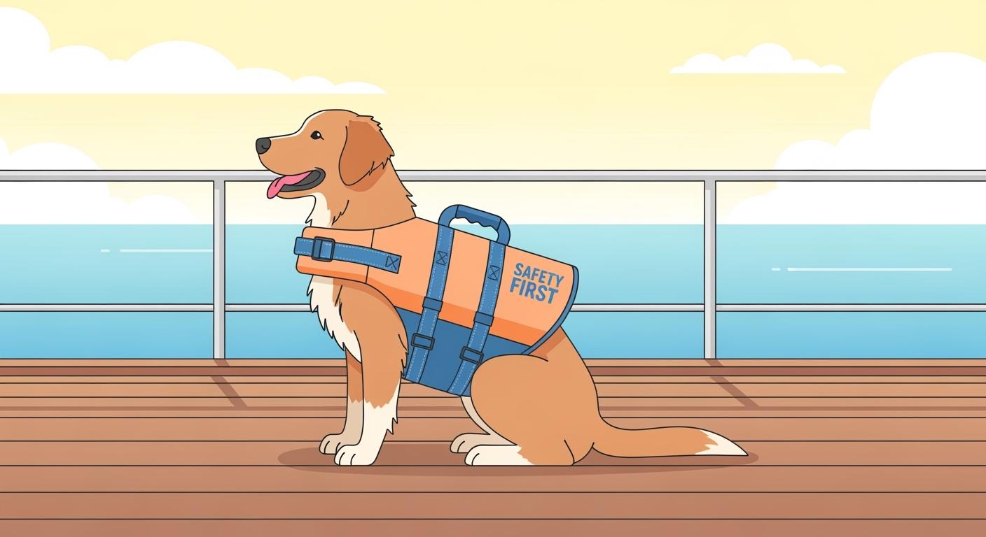 Dog wearing a life jacket near water
