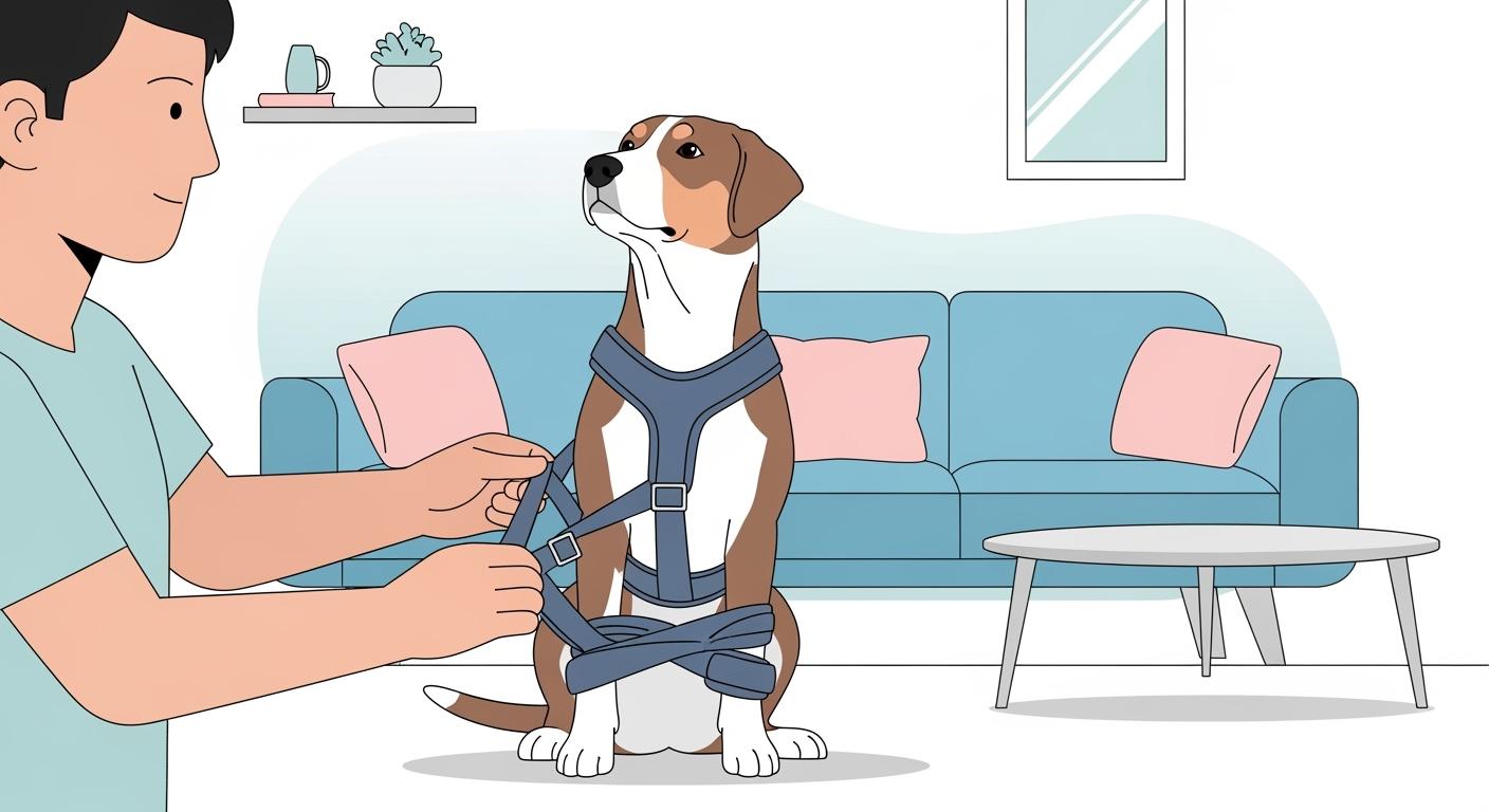 Dog wearing a harness with correct chest placement during a walk