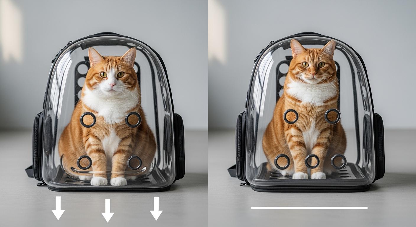 Heavy cat in a pet backpack carrier with base support