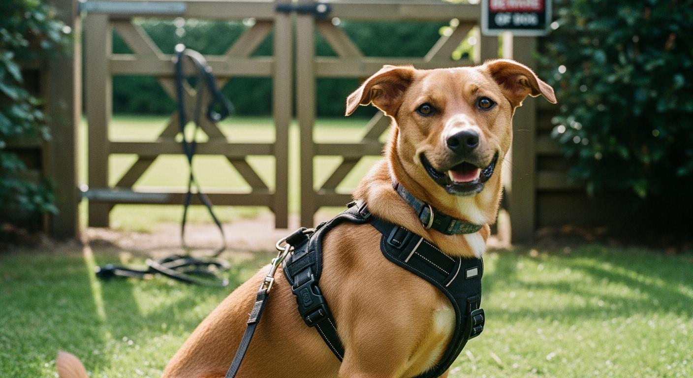 Dog wearing a secure harness with low neck opening