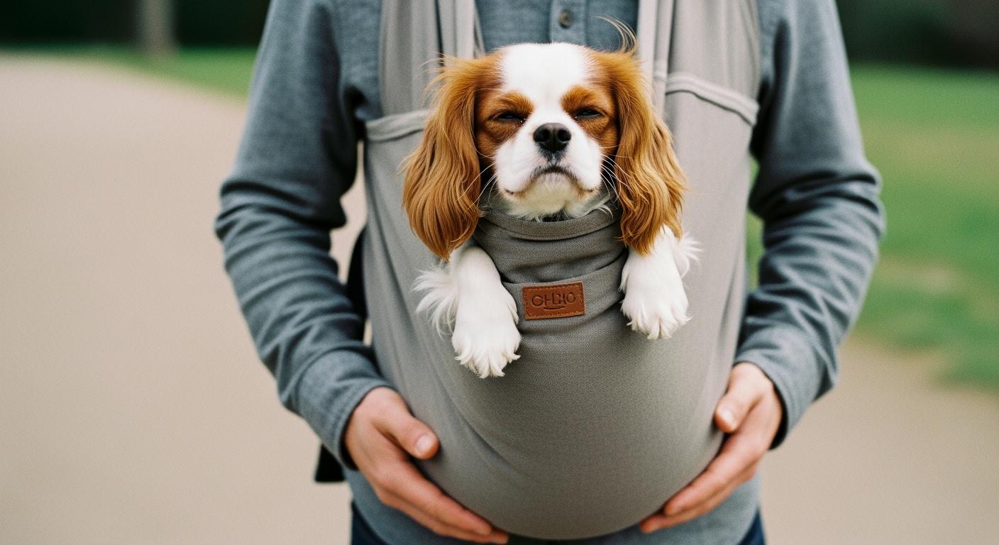 Small dog sitting upright in a pet sling carrier with deep base support